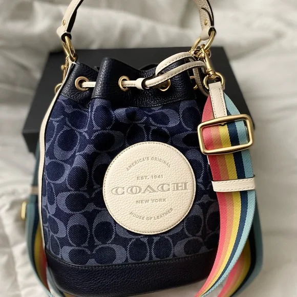 Coach Navy Blue Bucket Bag with Rainbow Strap - Picture 3 of 13